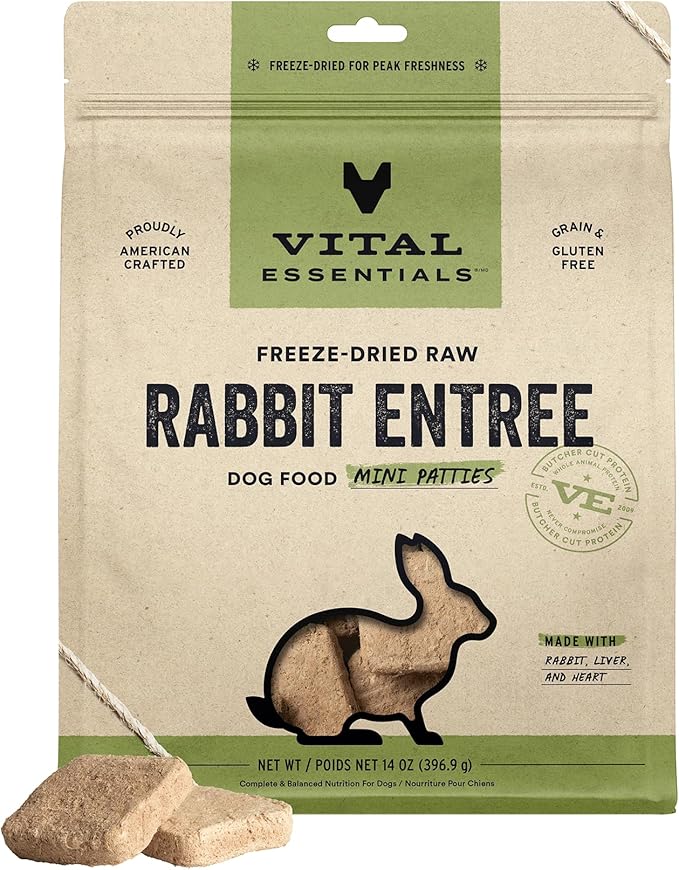 Vital Essentials Freeze Dried Raw Dog Food, Rabbit Mini Patties Entree, 14 oz