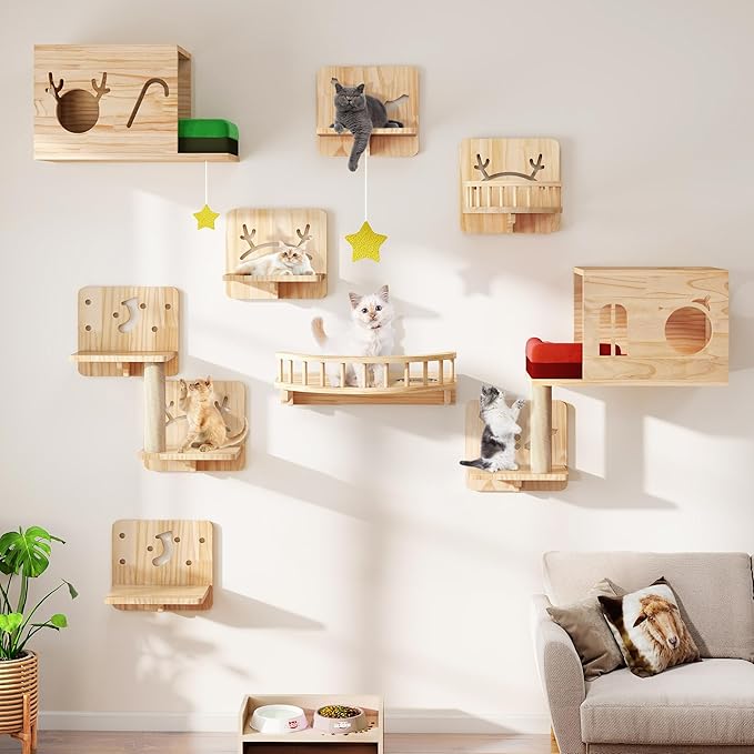 Cat Wall Shelves, Cat Wall Furniture Pine Wooden Feline Shelf, 16 Piece Shelves and Perches with Bowl, Warmer Mat, Condos, House, Steps and Cat Scratcher
