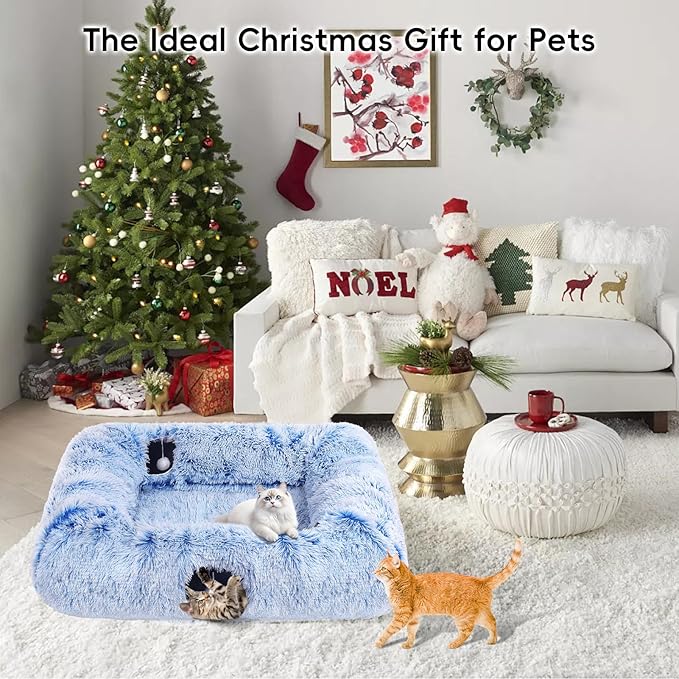Extra Large Cat Tunnel Bed, 4 Ways Tunnels for Indoor Cats, Multi-cat Family Pet Bed & Cave, Plush Cat Donut with Washable Middle Mat, Exit Balls, Pet Play Toy for Kitten Puppy Rabbit, Blue