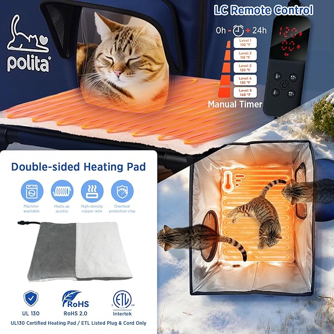 Rugged Heated Cat House for Outdoor Cats in Winter, Extremely Insulated & 100% Weatherproof, Elevated Feral Cat Shelter with Waterproof Eaves & Safe Escape Door for Stray & Barn Cats
