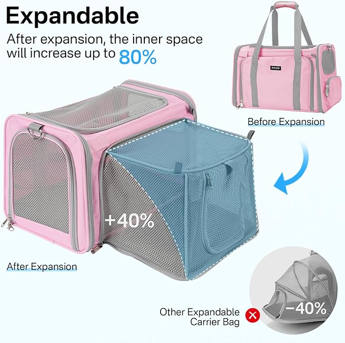 Expandable Cat Carrier, Airline Approved Soft Sided Pet Carrier for Cats & Small Dogs Up to 15 lbs, with Locking Safety Zippers & Cozy Fleece Pad, Portable for Car & Vet Visits, Pink