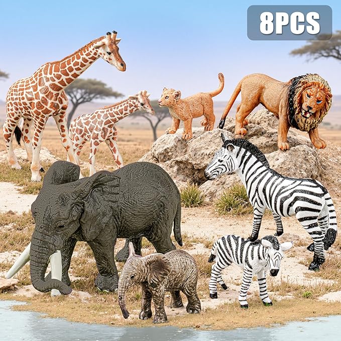 8PCS Safari Zoo Animals Figurines Toys, Realistic Plastic Jungle Animal Figures, Includes Lion,Elephant,Giraffe,Zebra, African Wild Animals, Educational Learning Playset for Kids