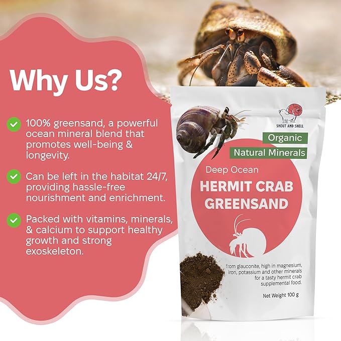 Hermit Crab Greensand Supplement – Calcium and Trace Mineral Molting Support – Non-GMO, Auto Feeder Friendly, Inert Powder Formula – Natural, USA-Sourced Nutrients – Compatible with All Crabitats