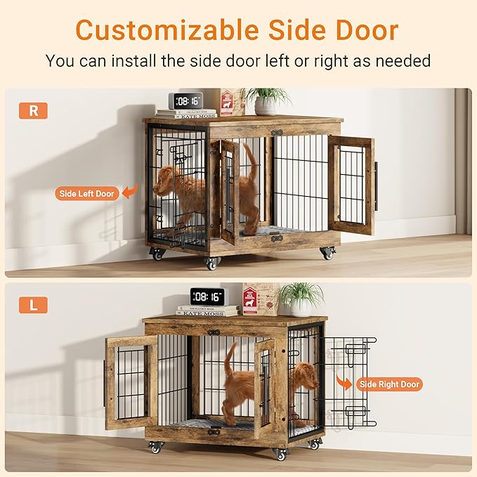 Lulive Small Dog Crate Furniture Set of 2, Dog Kennel Indoor Double Doors Wooden Dog Cage, 27' Heavy Duty Dog Crate with Cushion & Wheels, End Table Pet House Chew-Resistant Up to 30 lb, Rustic Brown