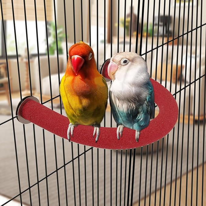Rypet U Shape Parrot Perch Stand Toy for Paw Grinding Clean Stick Exercise, Rough-Surfaced Quartz Bird Perch Standing Cage Accessories for for Small Parakeets Cockatiels Conures Macaws Finches(Red)