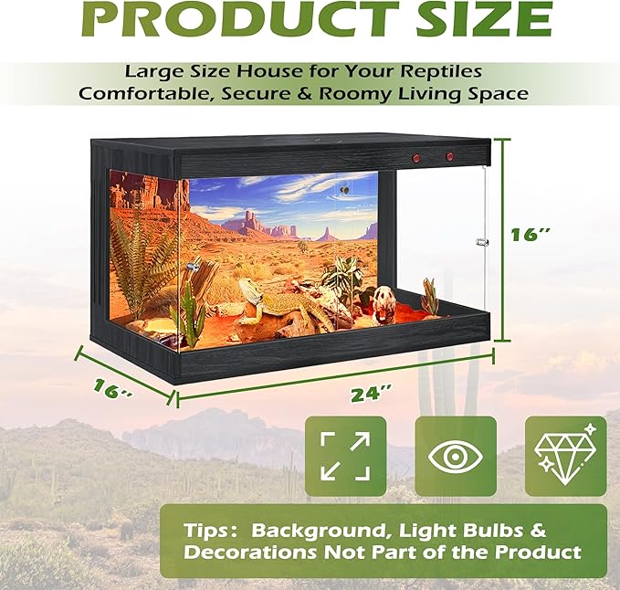Royxen Tempered Glass Reptile Enclosure,Reptile Tank with Wooden Mesh Top and Lockable Design,26 Gallon Bearded Dragon Tank for Lizard Gecko Tortoise Snake Habitat,24" x 16" x 16",Black