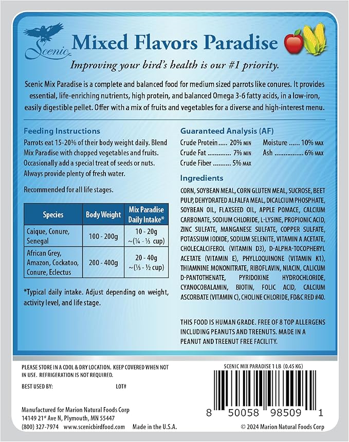 Scenic Mix Paradise Premium Parrot Food - Apple & Natural Flavors, High Protein, Low Iron Conure Bird Food, Eclectus & Other Small Pet Parrots, Omega 3, Vitamins & Minerals, 1 LB Bag