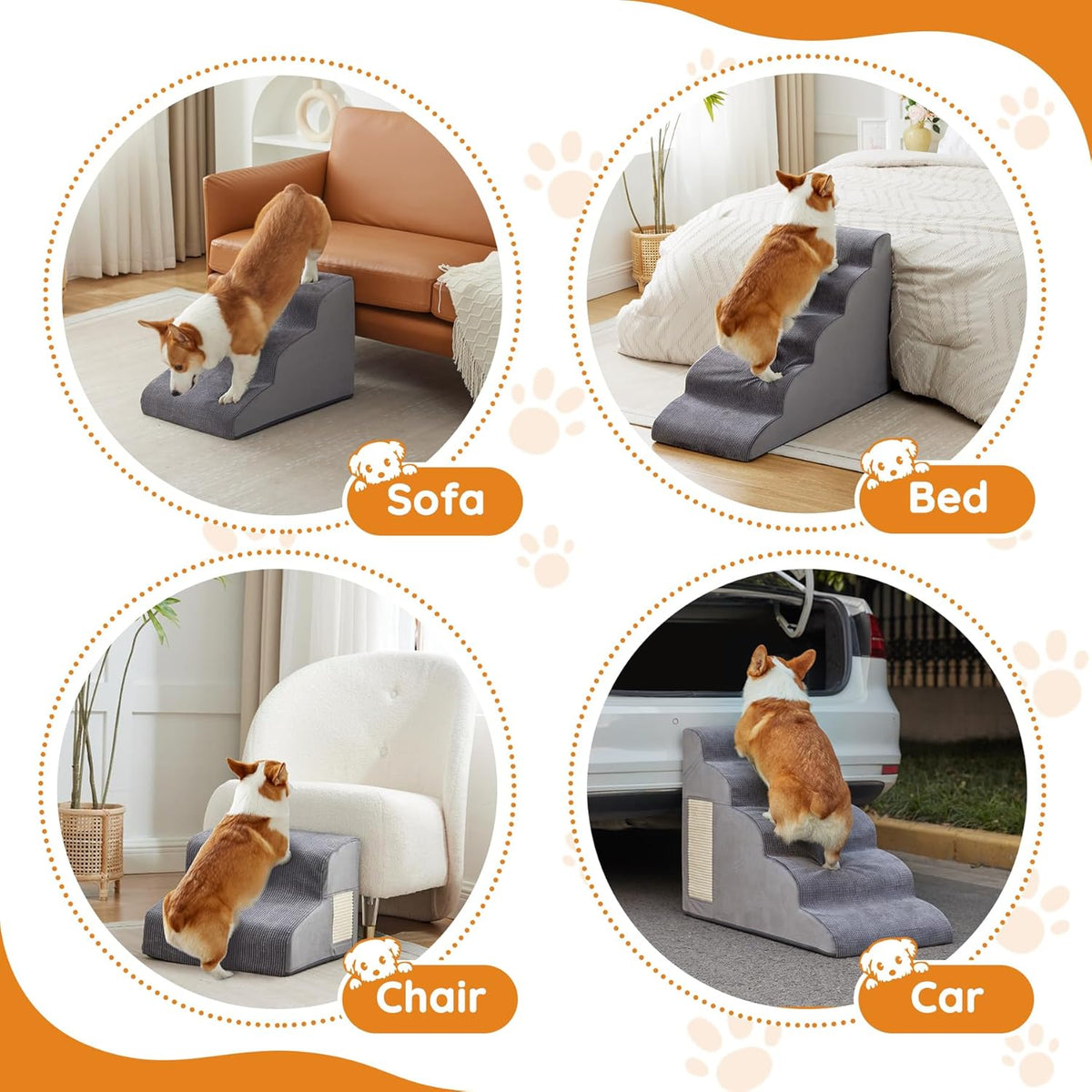 Dogs Steps for Bed, Dog Stairs for Small Dogs, 2-Step Dog Ramp for Bed, Couch, Sofa, and Chairs, Non-Slip Bottom Design, Cat Scratching, High Density Foam Portable Pet Step, Indoor, Grey