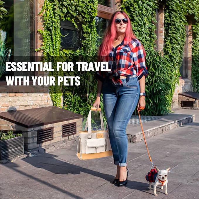 Dog Carrier, Cat Carrier, Pet Carrier, Foldable Waterproof Premium PU Leather Oxford Cloth Dog Purse, Portable Tote Bag Carrier for Small to Medium Cats and Small Dogs