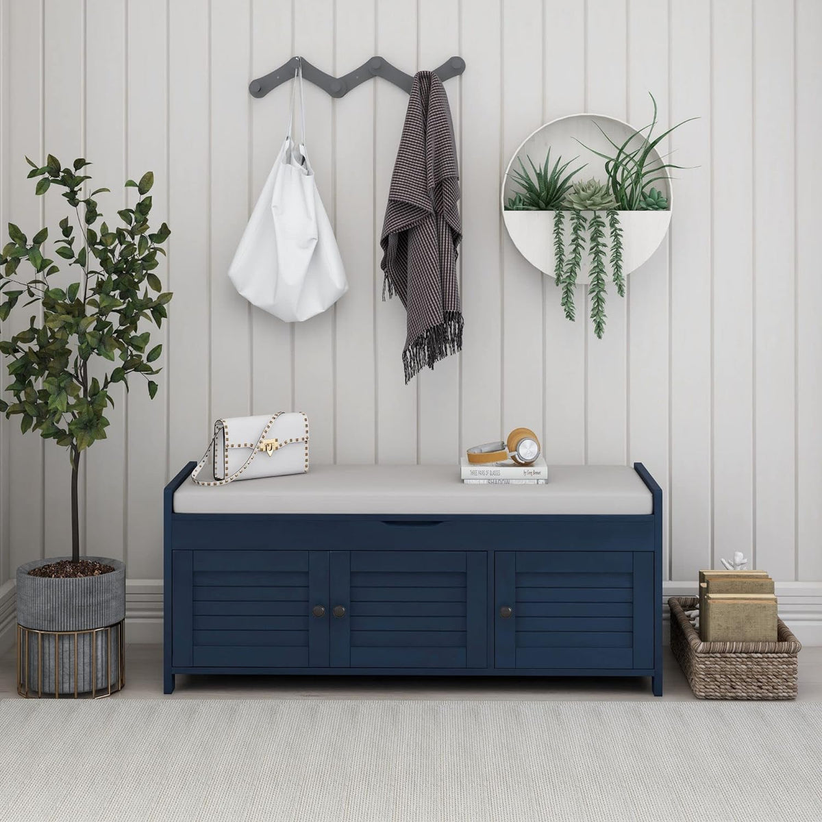 Storage Bench with 3 Shutter-Shaped Doors, Pine Wood Shoe Bench with Removable Cushion and Hidden Storage Space for Entryway Living Room 43.5" L * 16" W * 18" H, Antique Navy