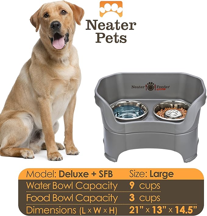 Neater Feeder Deluxe Mess Proof Dog Bowls Elevated for Large Breeds – Made in USA – No Spill Raised Slow Feeder Elevated Dog Bowl Stand, Stainless Steel Food and Water Bowl Set, Grey