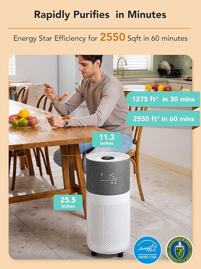 CleanForce Rainbow H13 True HEPA Air Purifier for Home Large Room, Bedroom, up to 2550sqft, Smart App-Control air Quality Monitor, Filters dust Pollen Smoke Odor VOCs