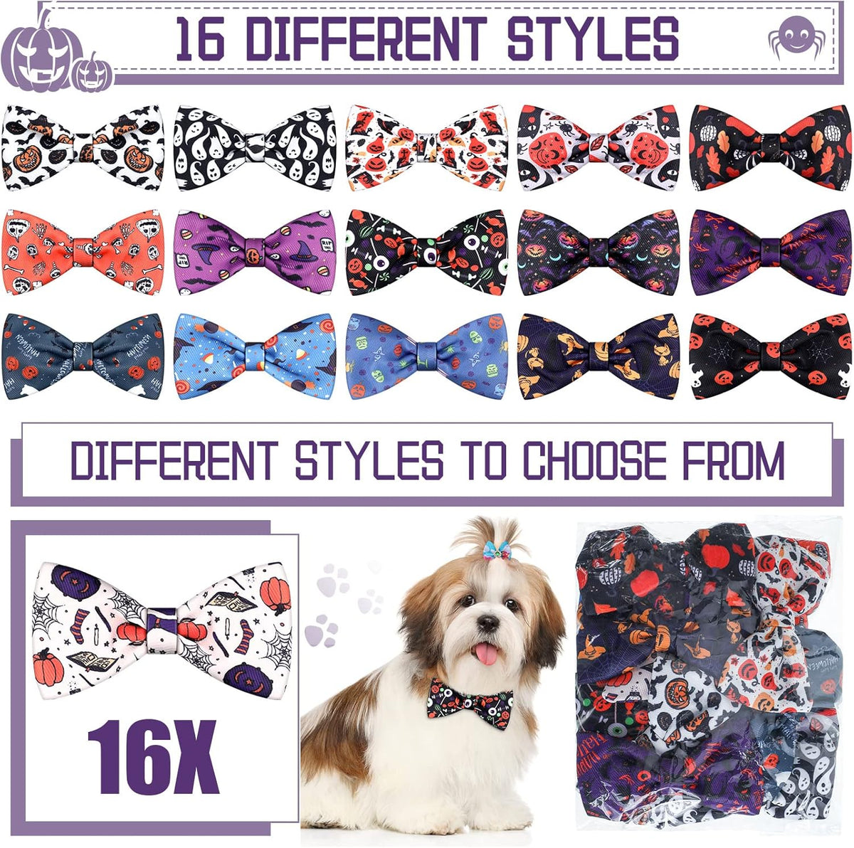 16 Pieces Dog Bow Ties Slide Dog Collar Bows Summer Hawaiian Styles Dog Collar Attachment Bows with Rubber Bands Dog Bow Ties for Large Dogs Spring Summer Grooming Independence Day (Horror Style)