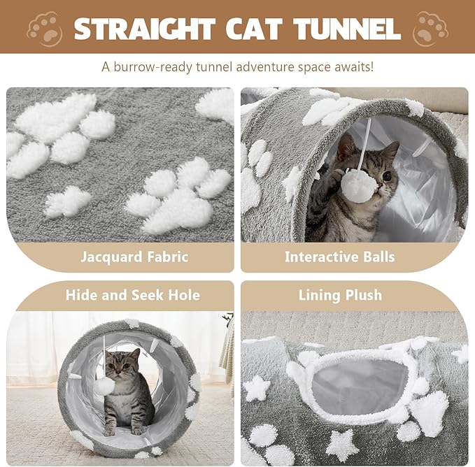 Straight Cat Tunnel for Indoor Cats 47"x12", Cute Cat Toys Collapsible Tunnel Tube with Balls for Puppy Kitten Rabbit, Grey Paw