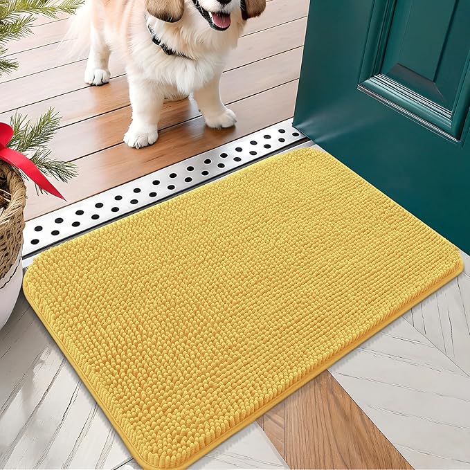 OLANLY Dog Door Mat for Muddy Paws 24x16, Absorbs Moisture and Dirt, Absorbent Non-Slip Washable Doormat, Quick Dry Chenille Mud Mat for Dogs, Entry Indoor Entryway Carpet for Inside Floor, Yellow