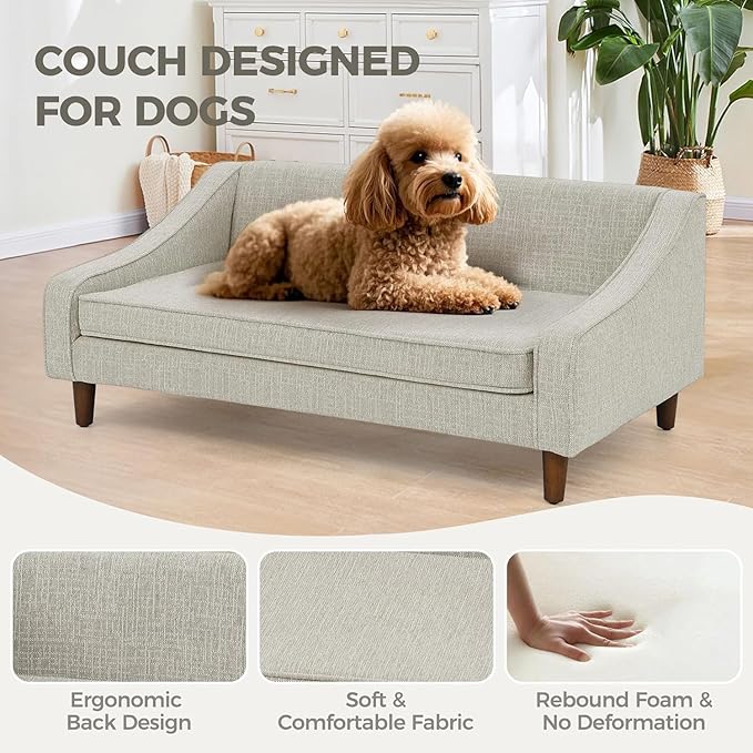 Dog Sofa Couch for Medium to Large Dogs, Durable Pet Sofa with Washable Fabric, Elevated Mini Dog Bed with Wooden Legs for Medium and Large Dogs, Beige