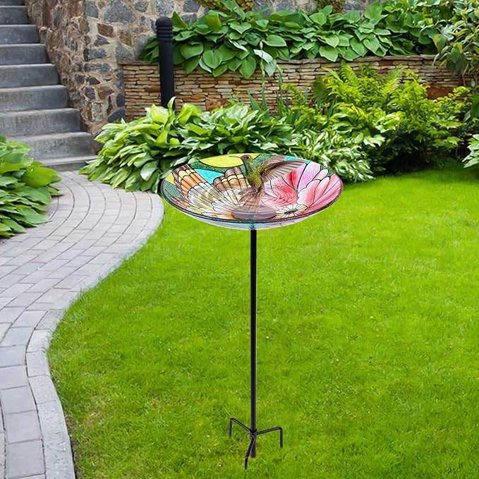 MUMTOP Glass Bird Baths for Outdoors-Outdoor Bird Bath Bowl - Butterfly and Flower Birdbaths Yard Stake, Bird Feeders for Outside, Garden, Patio, Lawn Decor