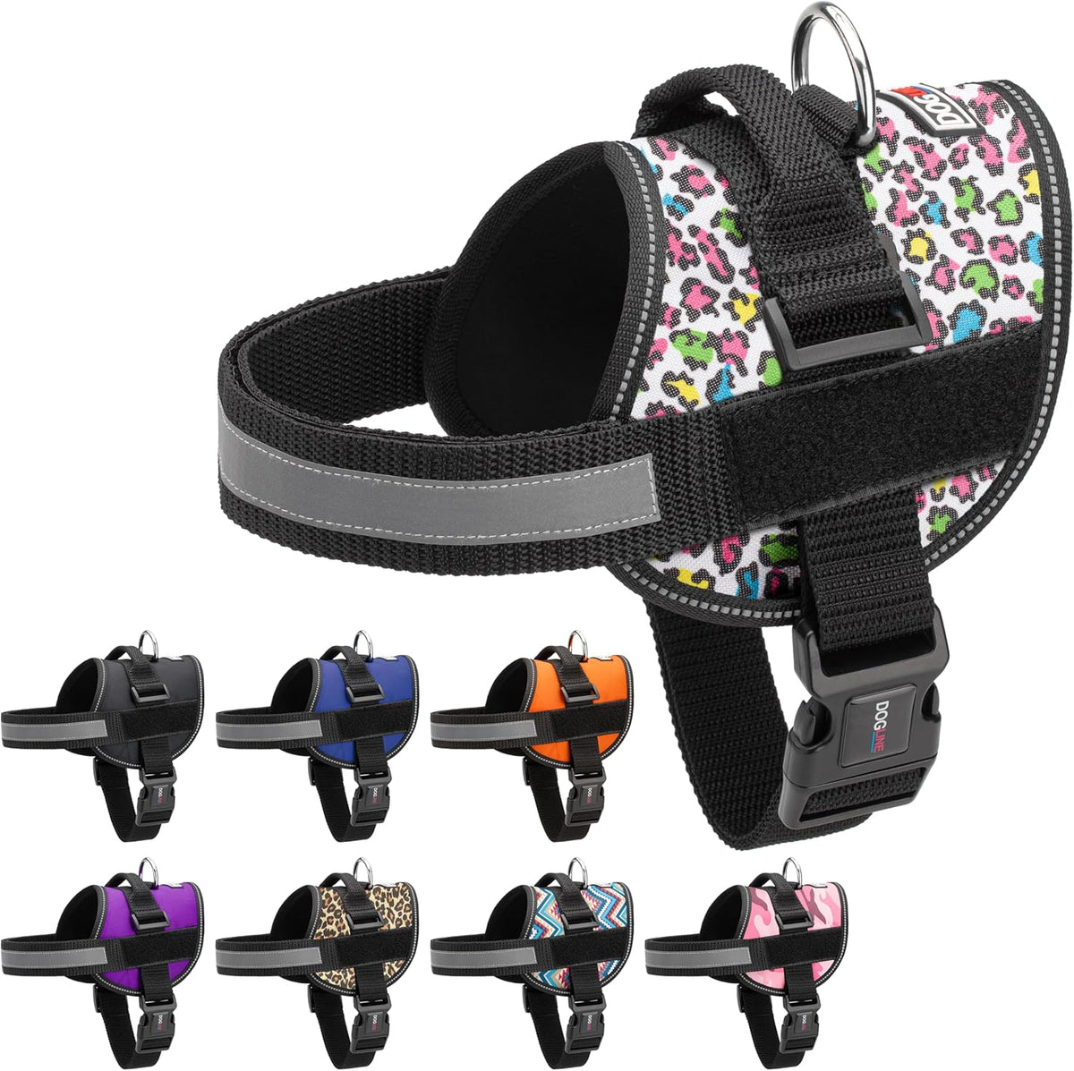 Dogline Dog Harness, Reflective No-Pull Adjustable Vest with Handle for Walking, Training, Breathable, No - Choke Harness for Small, Medium or Large Dogs Room for Patches Leopard Rainbow L 27"-34"