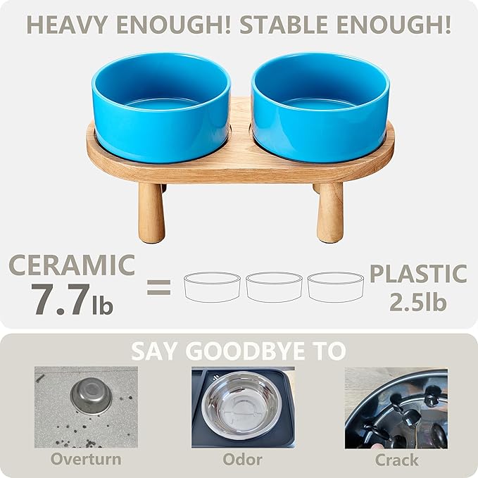 Ceramic Elevated Dog Bowls, Pet Food and Water Bowl Set for Large Dogs, 7.5 Cups Dog Bowls Raised with Wood Stand, 61OZ, Blue