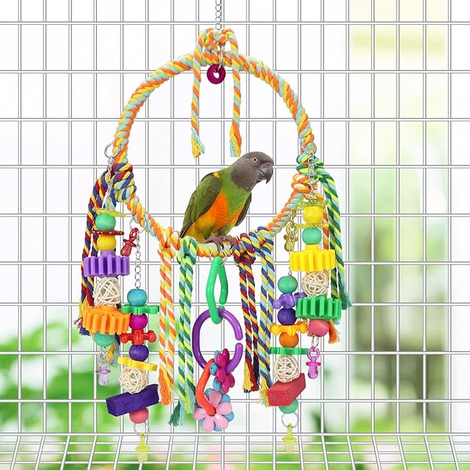 Bird Swing Toy with Perches - Colorful Chewing Toys for Parakeets, Meyers Cockatiel, Conure, Quaker, Caique & Other Medium Sized Birds