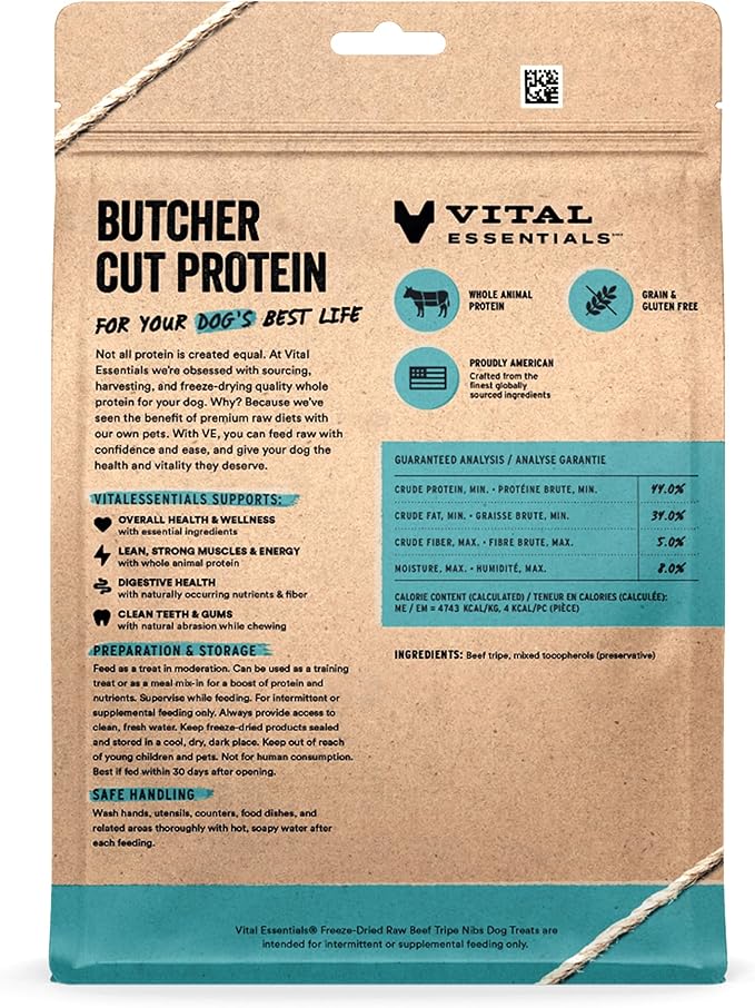 Vital Essentials Beef Tripe Nibs Dog Treats, 14 oz | Freeze-Dried Raw | Single Protein | Premium Quality High Protein Training Treats | Grain Free, Gluten Free, Filler Free