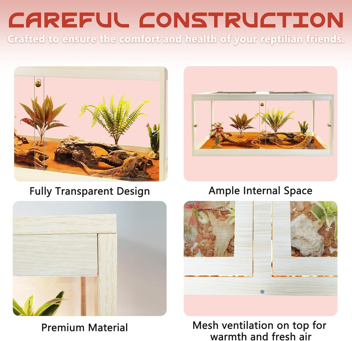 Bearded Dragon Tank with Legs Up to 77 Gallons, Tortoise Habitat with Metal Mesh Top, Reptile Enclosure Lockable Design, Snake Tank (Oak, 77 Gallon, 48" L x 20" W x 47.6" H)