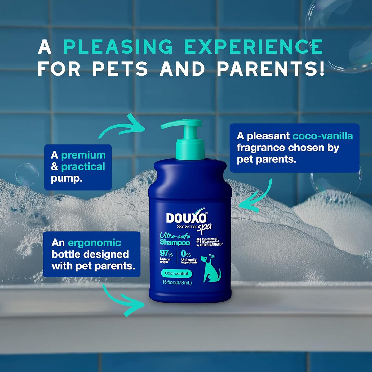 DOUXO® Skin & Coat SPA - Ultra-Safe Odor Control Dog Shampoo for Smelly Dogs, 16 fl oz, Cleans and Hydrates The Skin, Removes Odor, Leaves The Coat Soft and Smelling Great, Skin-Friendly Formula