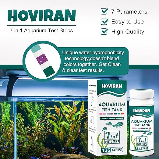 7 Way Aquarium Test Strips, 125 Count Fish Tank Test Strips for Freshwater Saltwater Pond, Water Testing Kit Aquarium for Chlorine, Total Hardness, Carbonate, Alkalinity, Nitrate, Nitrite and pH