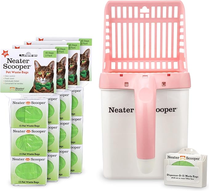 Neater Pet Brands Neater Scooper Standard Cat Litter Scoop, 195 Refill Bags – Mess-Free Cat Litter Scooper with Bag, Spill-Proof Kitty Box Sifter, Bin Doubles as Scoop Holder, For Single-Cat Household