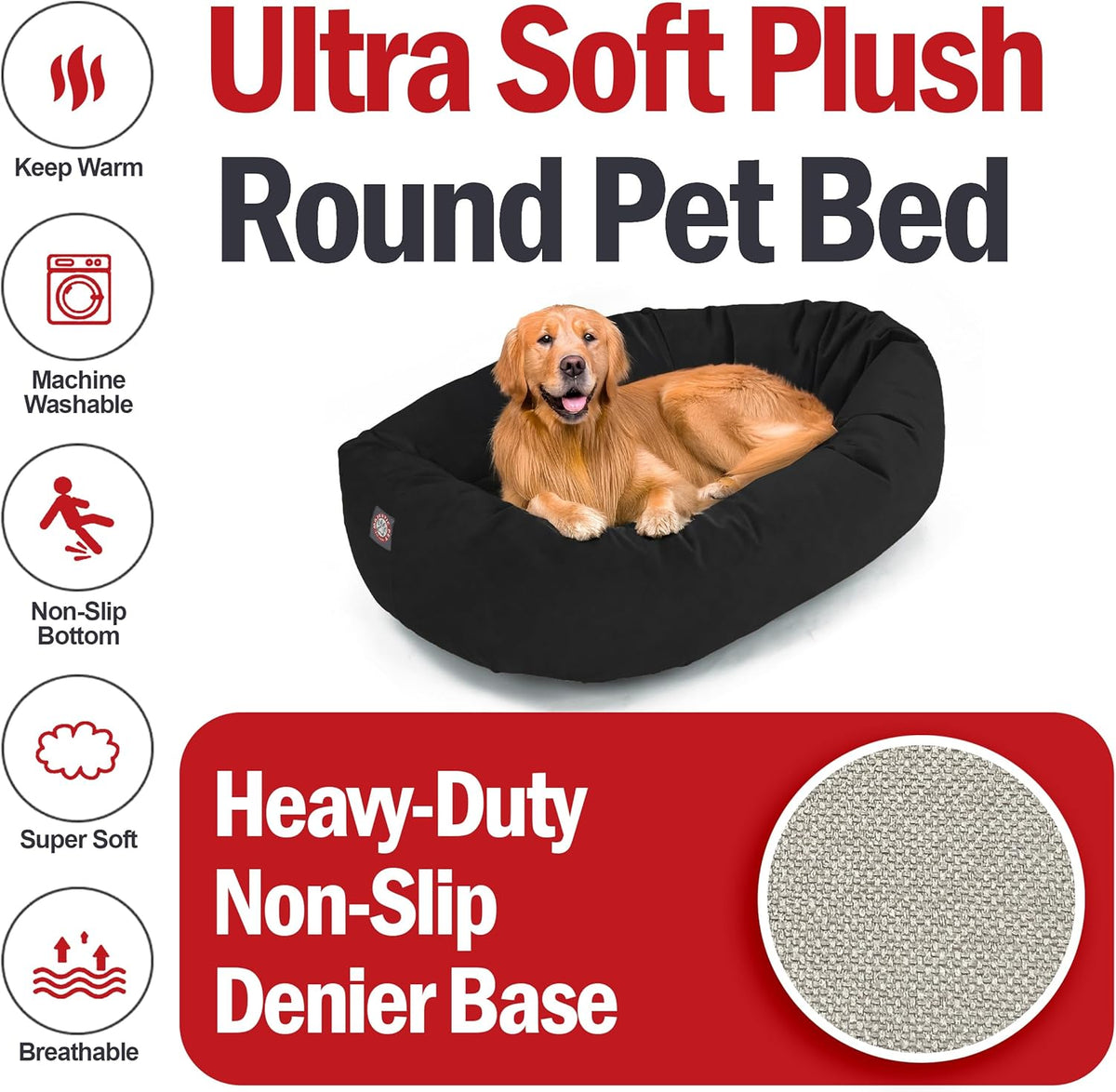 Majestic Pet 40 Inch Suede Calming Dog Bed Washable 40x29x9 (Inch) – Cozy Soft Round Donut Dog Bed with Spine Support for Dogs to Rest Their Head - Pet Bed Large – Black (2025)