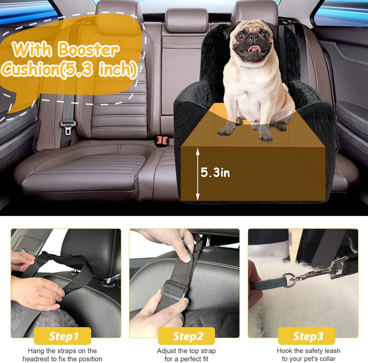 Dog Car Seat for Small/Medium Dogs, Memory Foam Dog Booster Seat, Travel Safety with Washable Removable Cover, Storage Pockets for Dogs up to 35 lbs(Black)