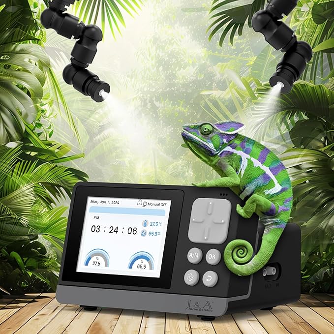 J&A Automatic Mister for Terrariums, Reptile Misting System with Programable Timer, Chameleon Fogger with Adjustable Spray Nozzles, Black