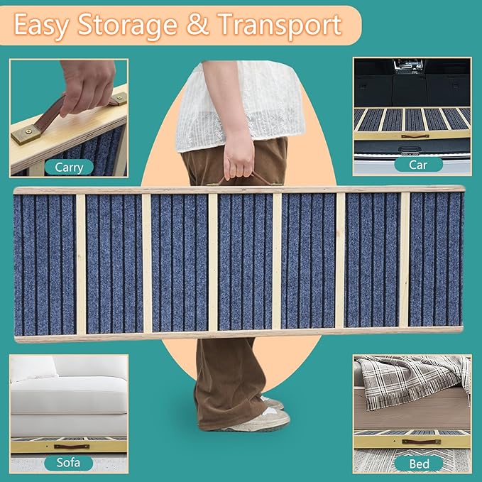 Dog Ramp for Bed, Upgraded 46.8" Long Portable Dog Ramp for Couch, Wood Folding Pet Ramp for All Breeds Large Old Dogs to Get on Bed, 5 Adjustable Heights 14.8" to 26.2" (Wood, Up to 150lbs)