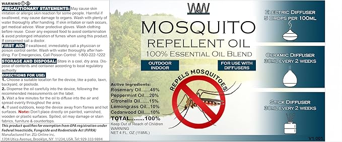 W4W Mosquito Oil - 100% Essential Oil Blend - 4 Oz - Mosquitoes, Gnats & other Flying Insects - for use with Diffusers, Sprays, Lotions, & Soaps - 4 Ounce Dropper Bottle