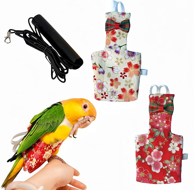 2Pcs Bird Diapers Bird Harness Flight Suits with 80in Flying Leash Reusable Parrot Nappy with Waterproof Inner Layer Urine Wet Suite for Cockatiel Budgie Conure Parakeet Lovebird-Red&White