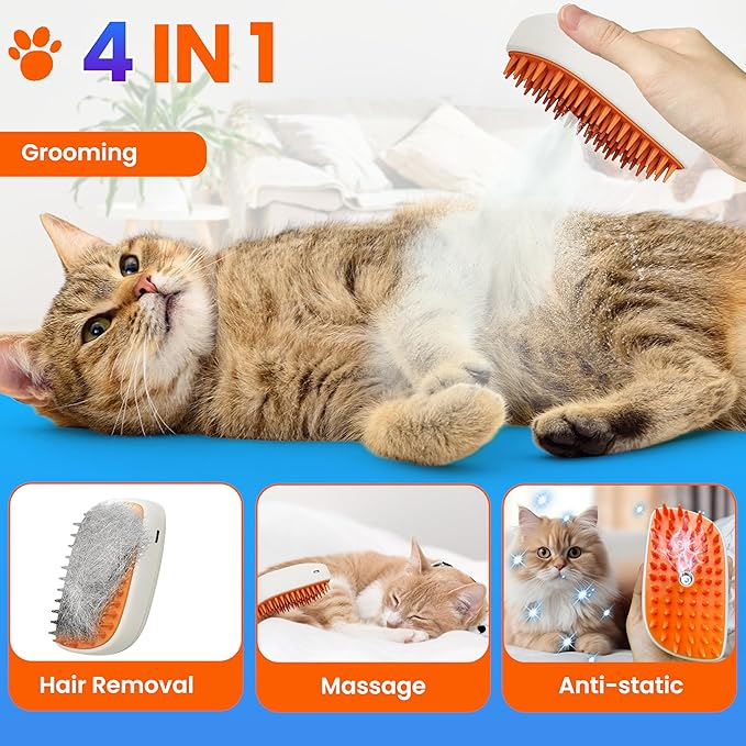 Pet Steam Brush For Cat & Dog - Pets Spray Hair Removal Comb - Cats Indoor Shedding & Grooming Mist Tool - Water Steamer Brushes for Long & Short Haired Dogs - Spritz Defur Comb (Orange)