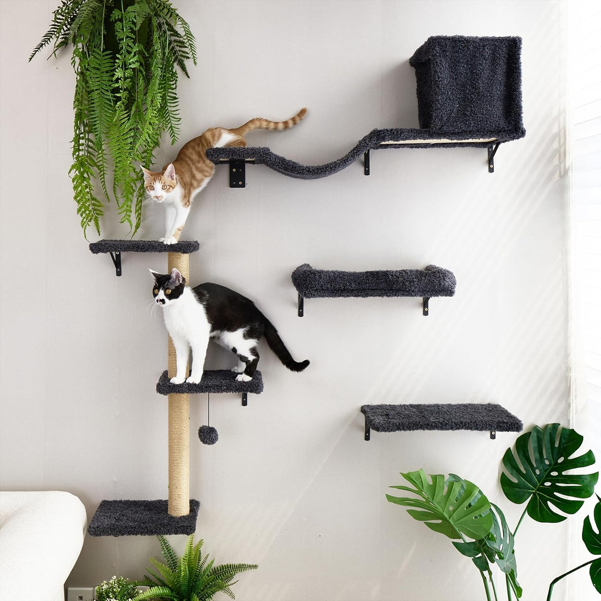 FUKUMARU Cat Wall Shelves, Stable & Safe 4 in 1 Cat Furniture Set, Wooden Climbing Wall with Scratching Post for 16 Inch Drywall - Gray