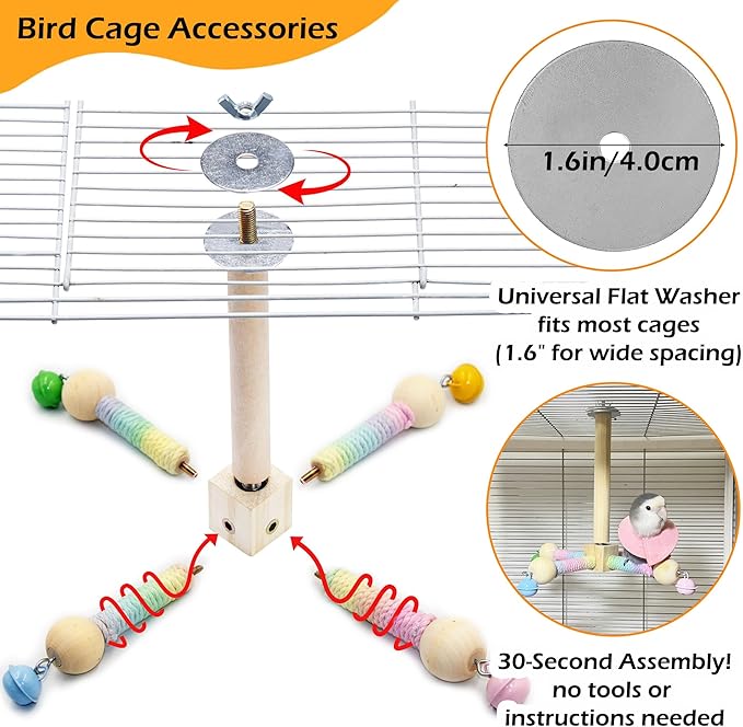 Bird Stand Perch Toy with Bells, Interactive Spinning Parakeet Toys, Wooden Exercise Wheel Parrot Toy, Enrichment Cockatiel Toy for Birds Cage, Bird Cage Accessories Perch Toys for Budgies (S, Bells)