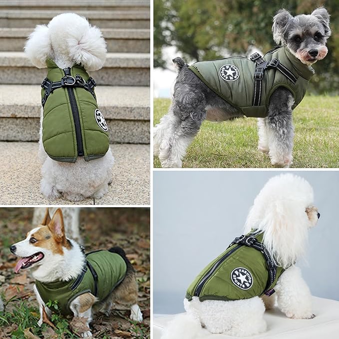 HDKUW Small Dog Jacket, Small Dog Coat Harness Winter Warm Vest Jacket Waterproof Cotton Costume for Puppy Small Dogs (S, Green)