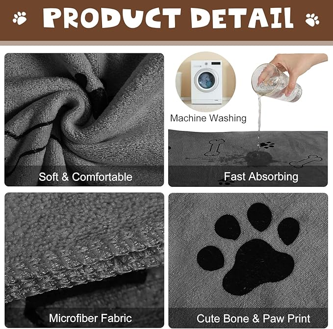 Chumia 4 Pcs Dog Towels for Drying Dog Puppy Bulk Microfiber Absorbent Paw Towel Pet Bathing Supplies Quick Drying for Medium Cats Pets Shower(55 x 28 Inch,Gray)