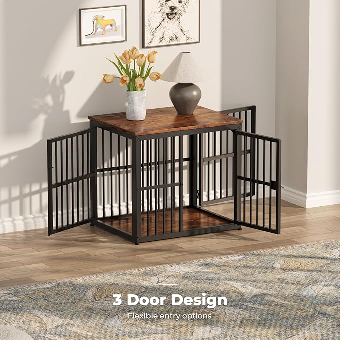 Lyromix 27'' Dog Crate Furniture with 3 Doors,Wooden Crate End Table Heavy Duty Indoor Puppy Cage for Small Dogs, Multiple Units Can be Combined, Rustic Brown