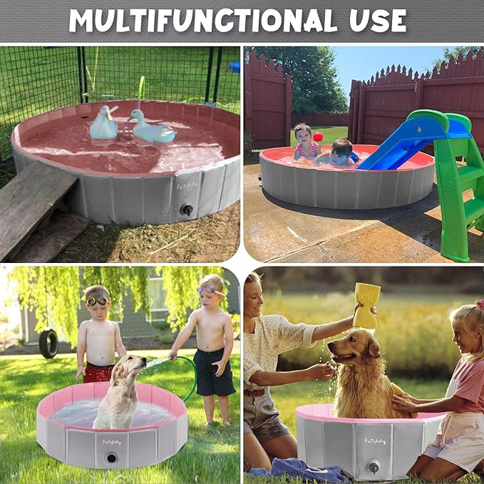 Furrybaby Dog Pool, Foldable Dog Pools for Large Dogs Portable Kiddie Pool Pet Doggie Wading Swimming (Pink 63'') Indoor and Outdoor