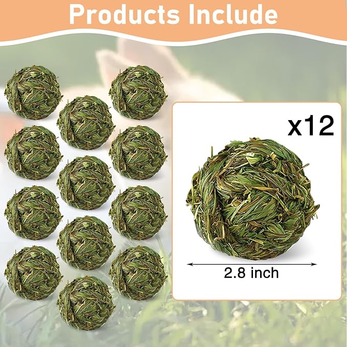 Hamiledyi 12 Pcs Rabbit Chew Ball Timothy Grass Ball Small Animal Activity Play Chew Toys Teeth Grinding for Bunny Rabbits Hamster Guinea Pigs Gerbils Chinchillas