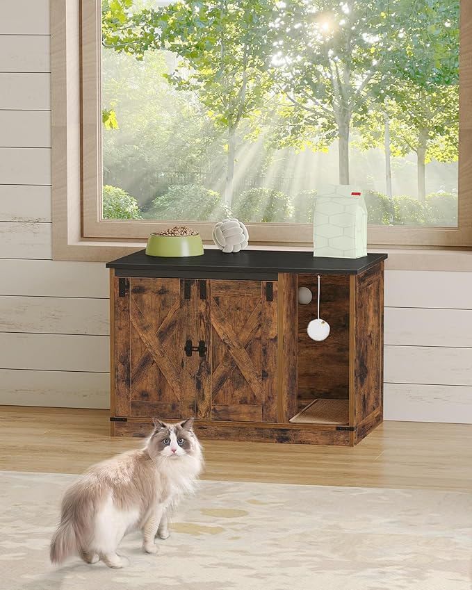 Cat Litter Box Enclosure, Hidden Litter Box Cabinet Furniture with Bell, Indoor Cats House, Farmhouse Style, 31.5 x 19.7 x 20.9Inches, for Hallway, Bedroom, Rustic Brown and Black CB82401X