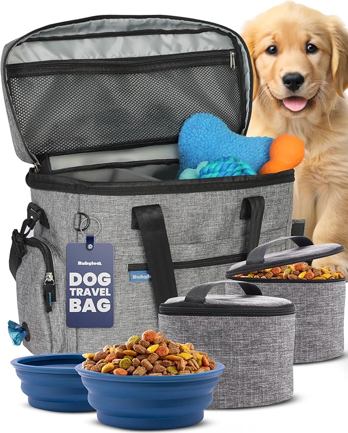 The Original Doggy Bag™ - Complete Dog Travel Bag for Supplies with 2 BPA-Free Travel Dog Bowls & 2 Pet Food Containers - Traveling Kit for Road Trips, Camping, Weekend Away or Doggy Gift: Grey