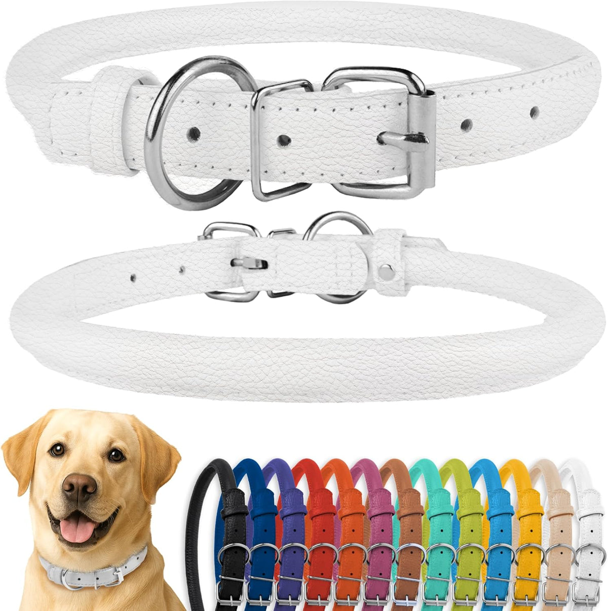 CollarDirect Rolled Leather Dog Collar, Soft Padded Round Puppy Collar, Handmade Genuine Leather Collar Dog Small Large Cat Collars 13 Colors (18-22 Inch, White Textured)