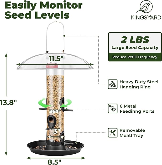Kingsyard Metal Bird Feeders for Outdoors Hanging, Wild Bird Feeder for Finch Cardinal, Large Tray and Rainproof Dome, 2 lbs Seeds Capacity (Black)