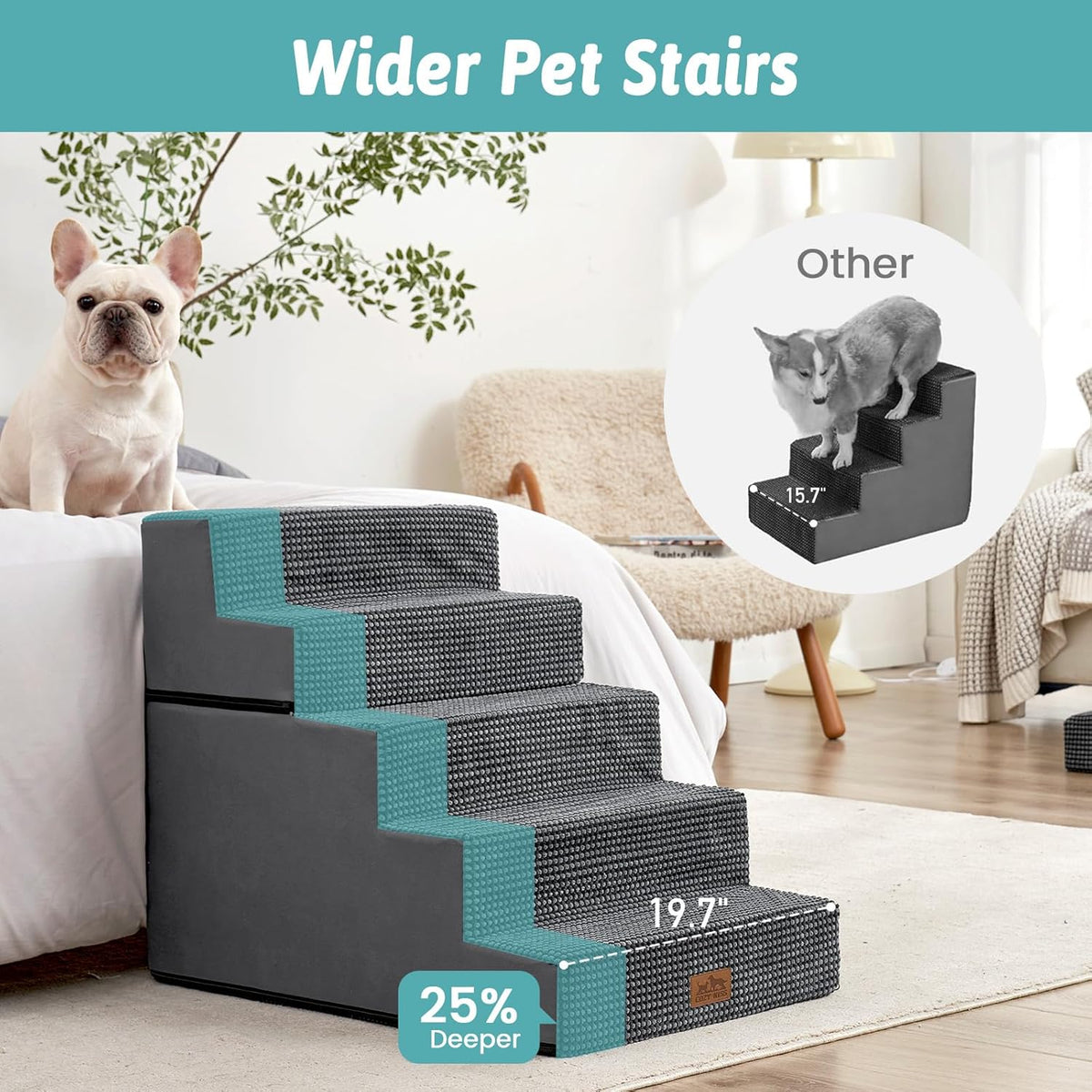Dog Stairs for Small Dogs, 5 Tier Removable Wider Pet Stairs for Couch and Bed, 23.6" H Non-Slip Dog Steps for Puppies and Old Cats with Support Board, 29.5x19.7x23.6 inch, Dark Grey