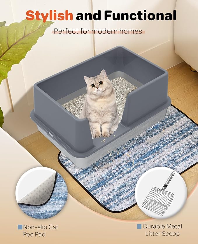 Stainless Steel Litter Box with Lid, 23.5" L x 15.8" W x 10.5" H, Large Metal Cat Box for Big Cats, High Sided Kitty Litter Box with Scoop & Pee Pads, Non-Sticky, Anti-Leakage, Easy to Clean (Gray)