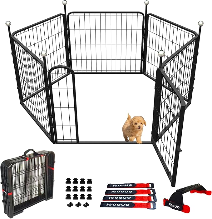 Puppy Playpen Indoor/Outdoor,24'' Portable Dog Playpen with Easy-Carry Straps,6 Panels Dog Pen Play Pen for Small Dogs,Rustproof Pet Playpen for Camping RV Yard(with One Door)